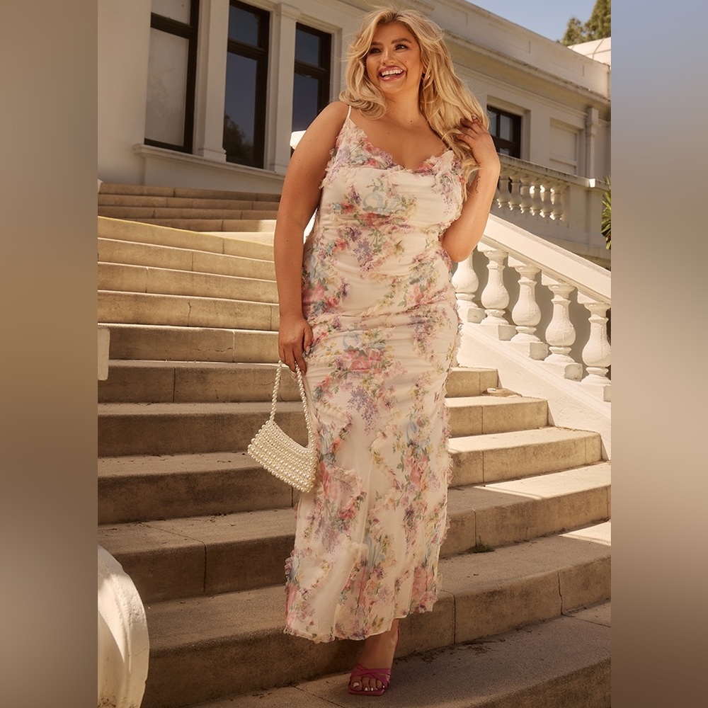 NWT Multi Floral Textured Cowl Neck Maxi Dress Size UK 20 /  US 16